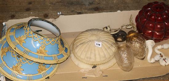 Pair of French metal 1920s uplighters, hanging light, alabaster shade etc.